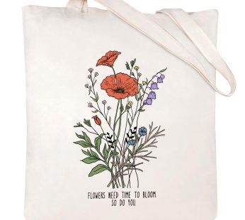 Andeiltech Wildflower Canvas Tote bag Aesthetic Women Floral Reusable Gift Bag with Zipper Pocket for book Shopping Grocery