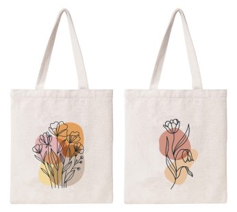 Kazova Line Flowers Cotton Canvas Bags Reusable Tote Bag Grocery Shopping Bag Minimalist Art Shoulder Bags Girls School Bags Boho Book Bag, Black