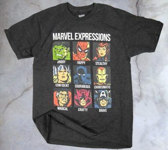 Avengers Expression Moods Spider-Man Hulk Thor Iron Man Black Panther Strange America Mens Adult Graphic Tee T-Shirt, Heather Charcoal, S