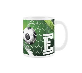 Football Letter E Mug – White Initial Personalised Alphabet Tea Coffee Gift Mug Present