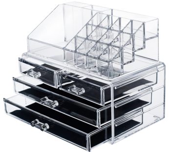 Acrylic makeup jewelry vanity organizer – clear lipstick make up brush display case container for beauty products! 16 slot 4 box drawers holder